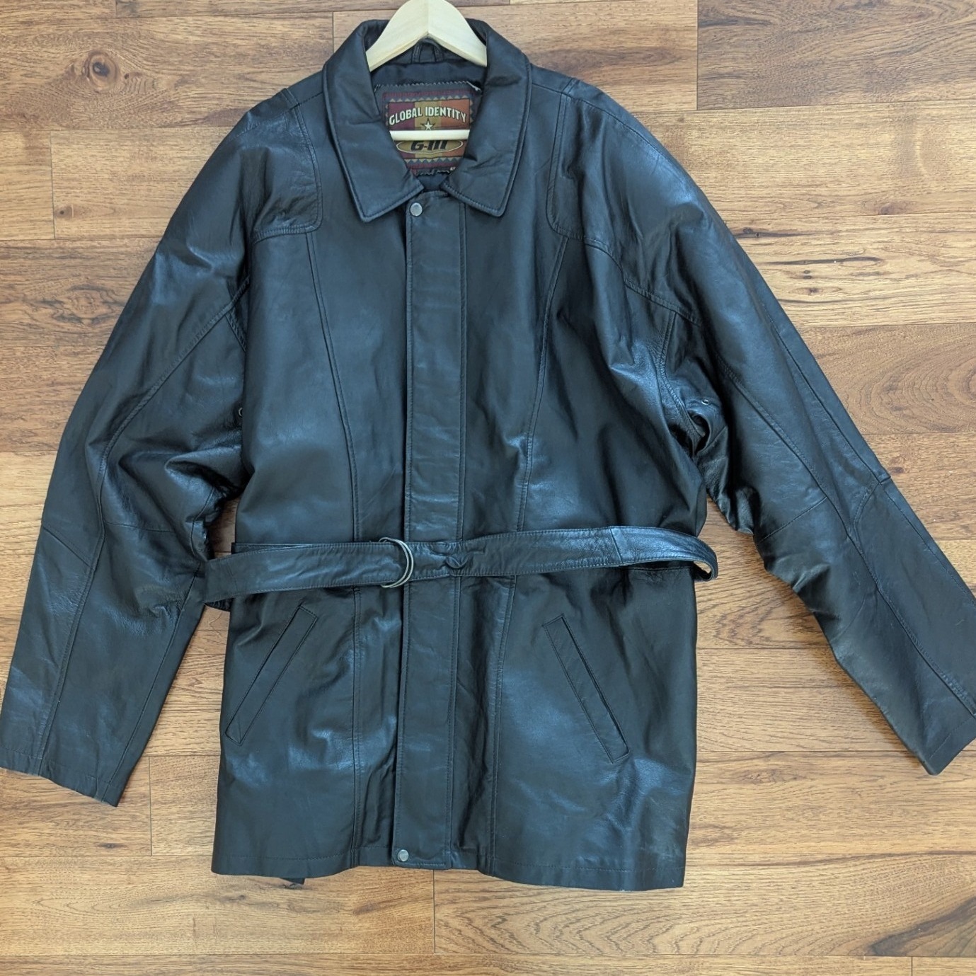 Vtg 90's Global Identity Giii Black Leather Belted Car Coat Jacket Men 4xl